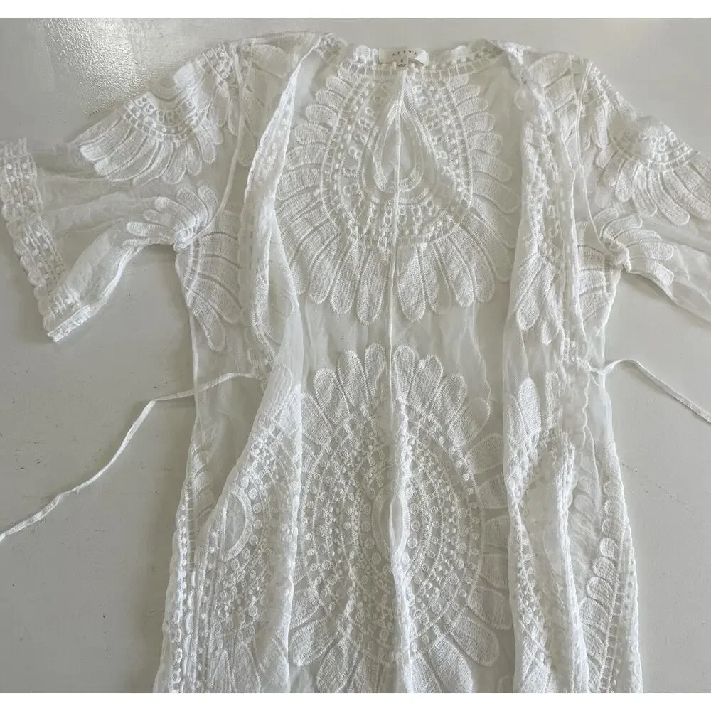 Anthropologie Adiva Floral Lace Duster Cardigan Beach Cover Up Ivory Medium